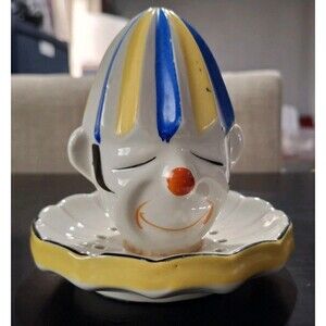 VTG 30’s- 50's Clown Head Ceramic Hand-Painted Reamer Juicer Blue Yellow Flawed